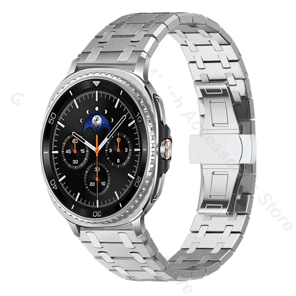 Silver H-link watch band with clasp visible for Samsung Galaxy Watch8, Watch8 Classic and Watch9