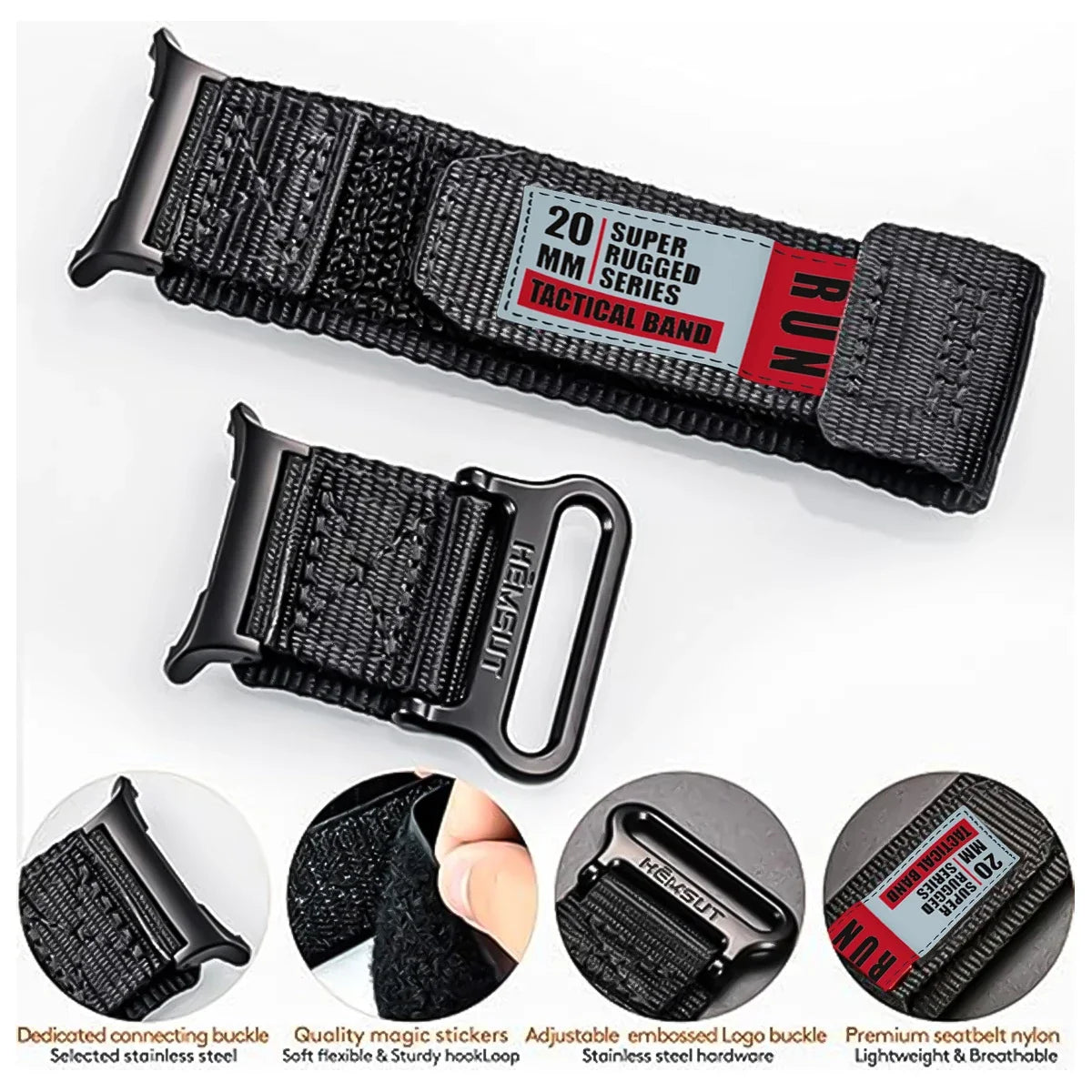RUN nylon watch band hook-and-loop closure and connector details for Samsung Galaxy Watch8, Watch8 Classic and Watch9
