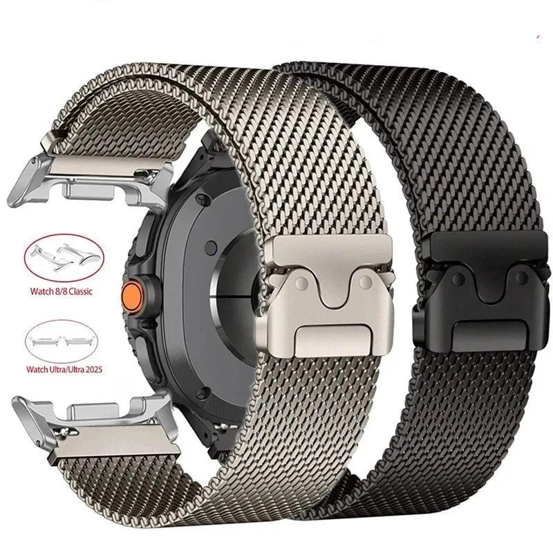 Black and titanium-gray Milanese bands with connector illustrations