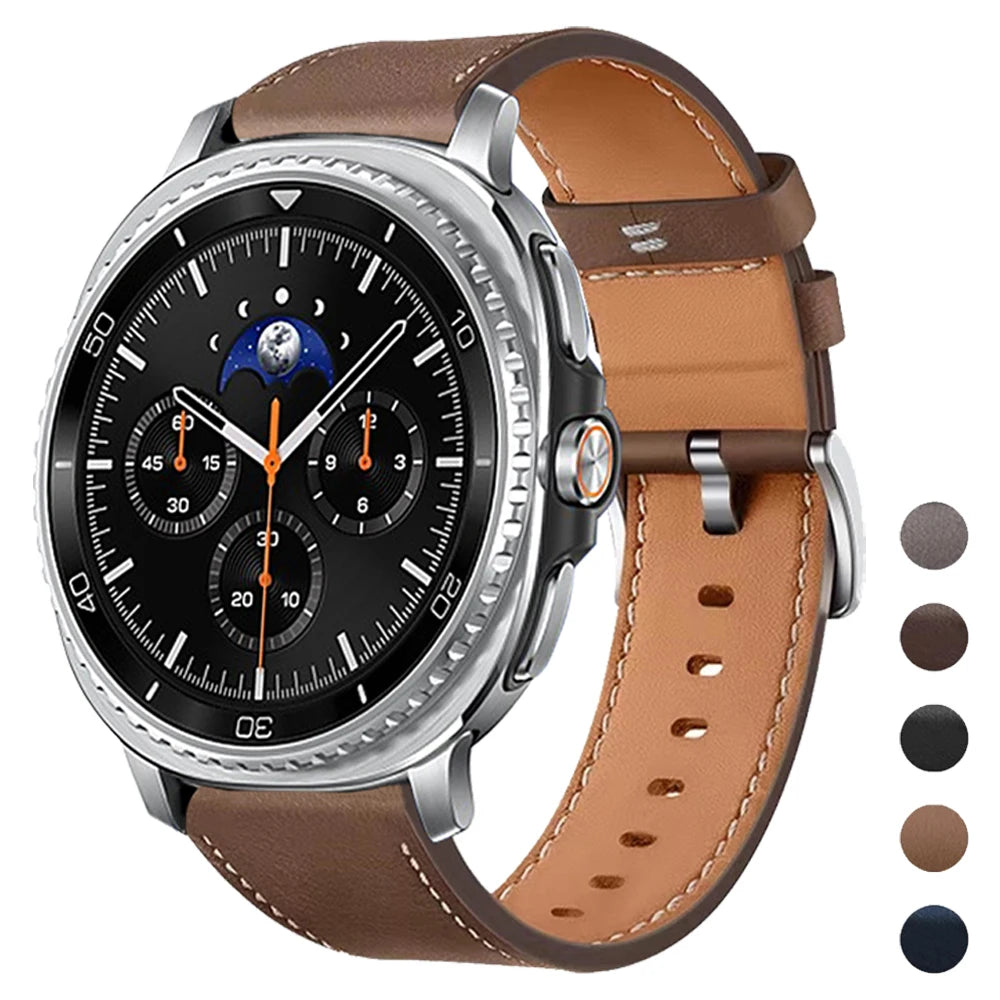 Brown stitched leather band with color previews for Samsung Galaxy Watch8, Watch8 Classic and Watch9