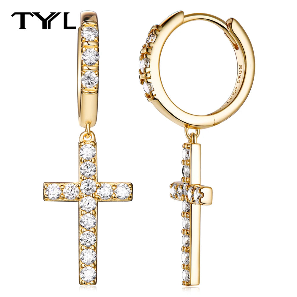 Moissanite Hoop & Drop Earrings in Sterling Silver — Gold-Tone cross drops