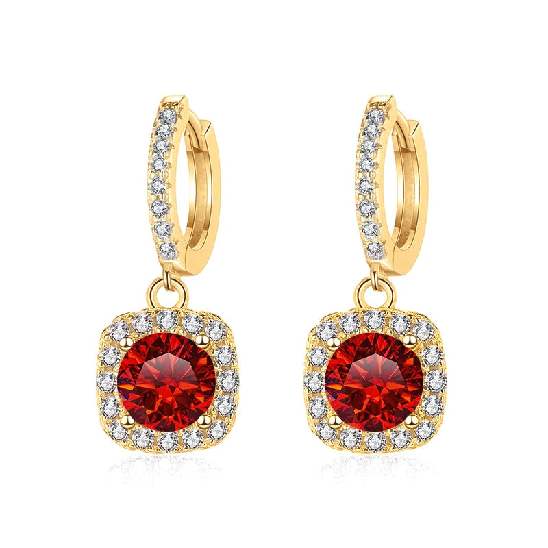 Colored Moissanite Cushion Halo Drop Hoop Earrings - Red centers