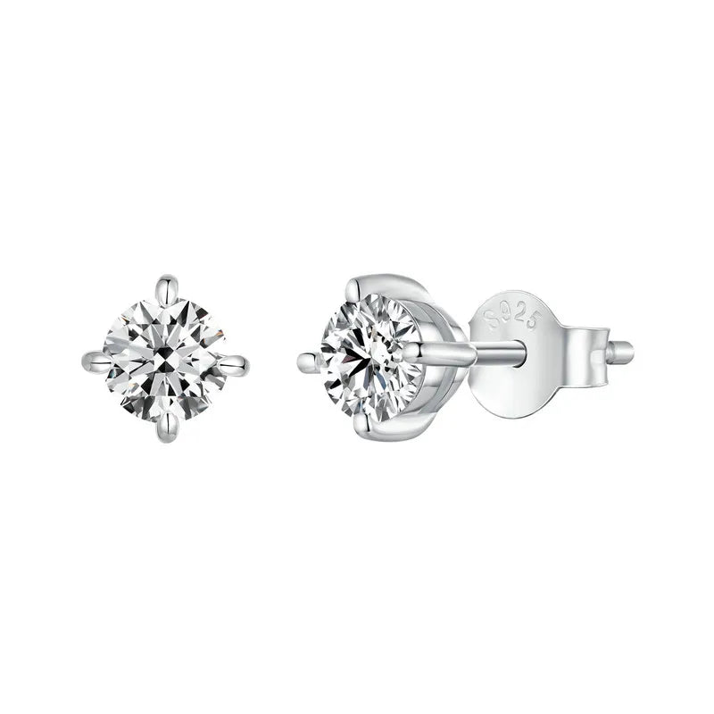 Round Moissanite Four-Prong Stud Earrings in Sterling Silver - Silver pair
