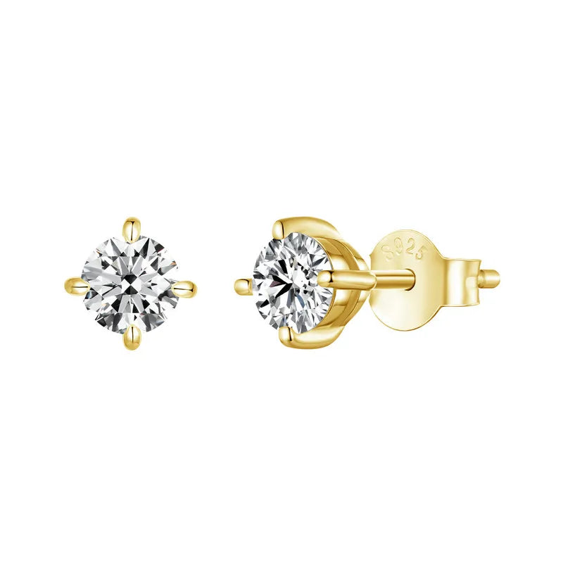 Round Moissanite Four-Prong Stud Earrings in Sterling Silver - Gold-tone pair