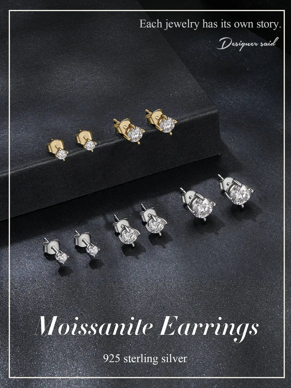 Round Moissanite Four-Prong Stud Earrings in Sterling Silver - Silver and gold-tone size comparison