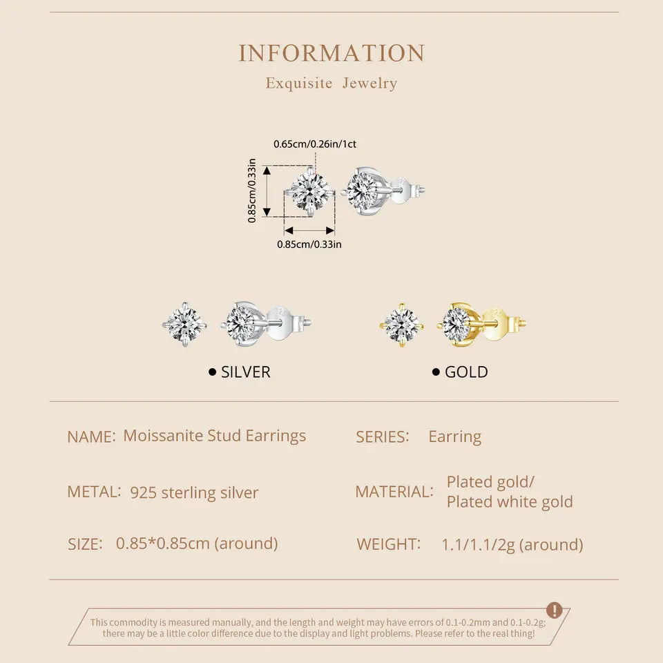 Round Moissanite Four-Prong Stud Earrings in Sterling Silver - Stud dimensions and finishes