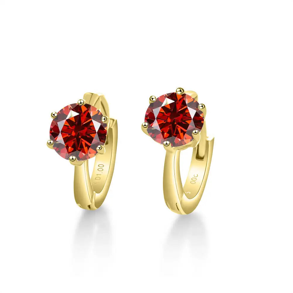 Colorful Solitaire Moissanite Hoop Earrings in Sterling Silver — Gold-Tone / Red