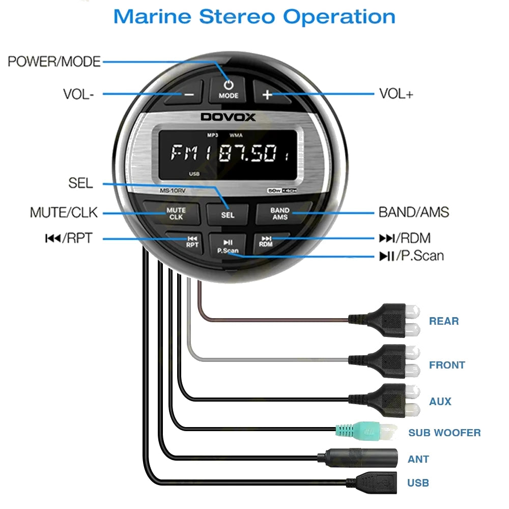 Golf Cart Bluetooth Stereo, Waterproof Marine Radio, Chrome Bezel