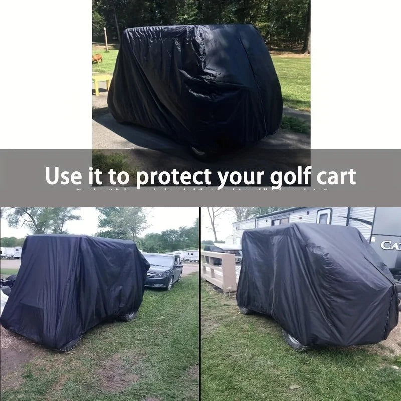 Golf cart cover in use on carts outdoors