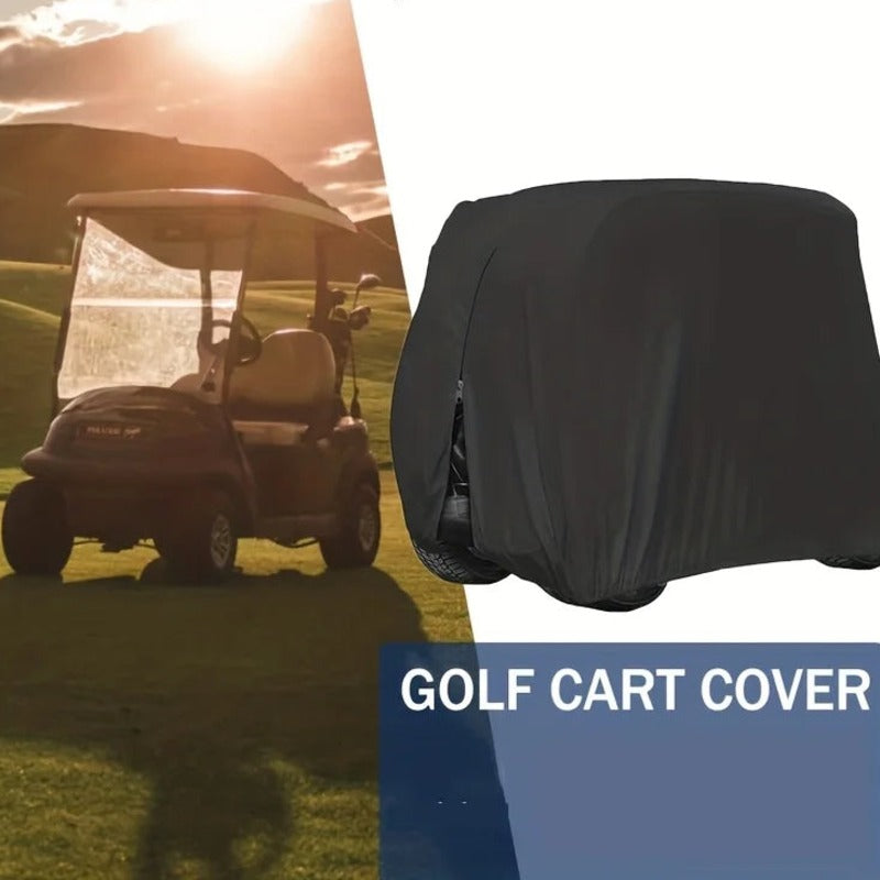 Golf cart cover next to a golf cart on the course