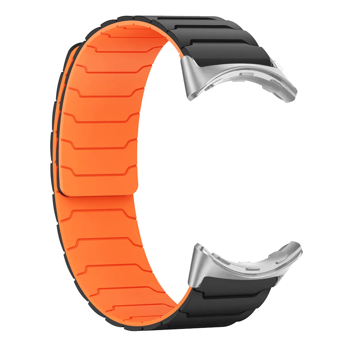 Segmented Magnetic Silicone Google Pixel Watch Band in Black / Orange - Silver