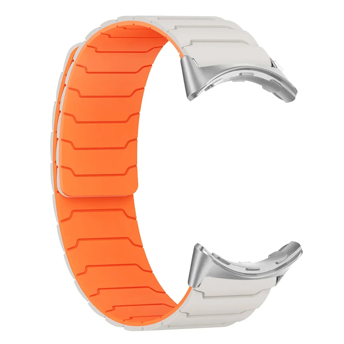 Segmented Magnetic Silicone Google Pixel Watch Band in Ivory / Orange - Silver