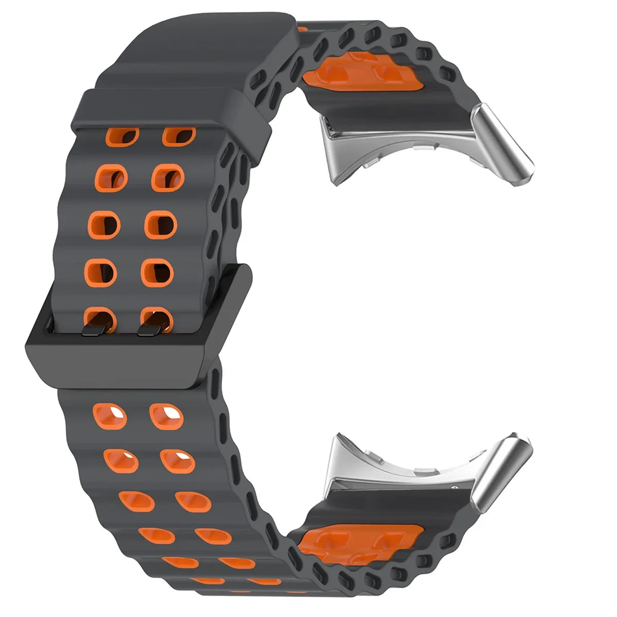 Double-Row Perforated Silicone Pixel Watch 45mm Band in Charcoal / Orange - Silver