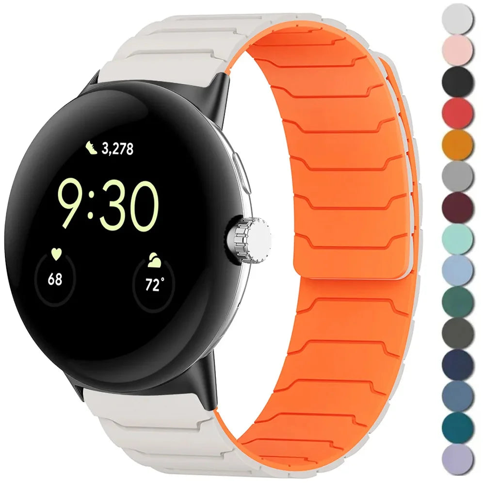Ivory and orange magnetic Pixel Watch band with color swatches