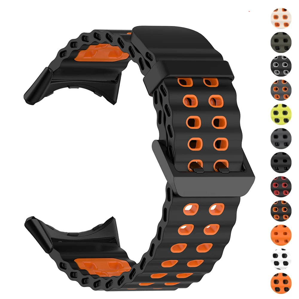 Black and orange perforated silicone Pixel Watch band with color swatches
