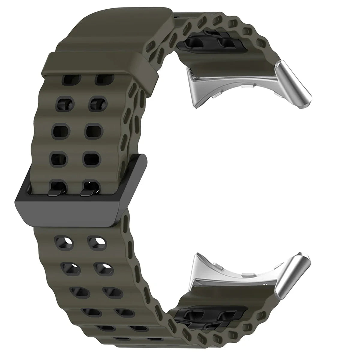 Double-Row Perforated Silicone Pixel Watch 45mm Band in Army Green / Black - Silver