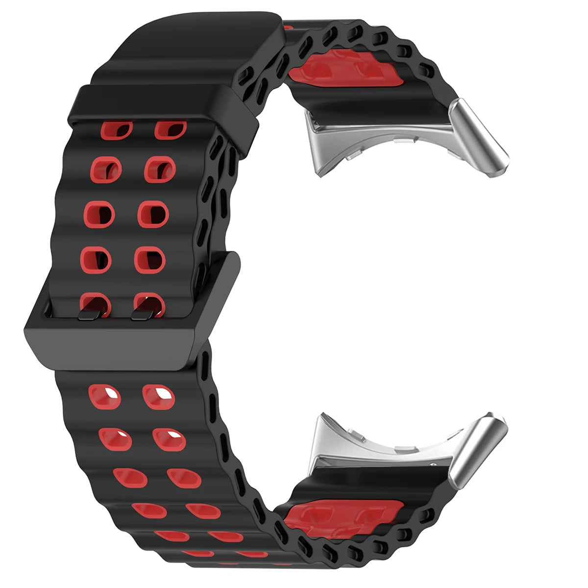 Double-Row Perforated Silicone Pixel Watch 45mm Band in Black / Red - Silver
