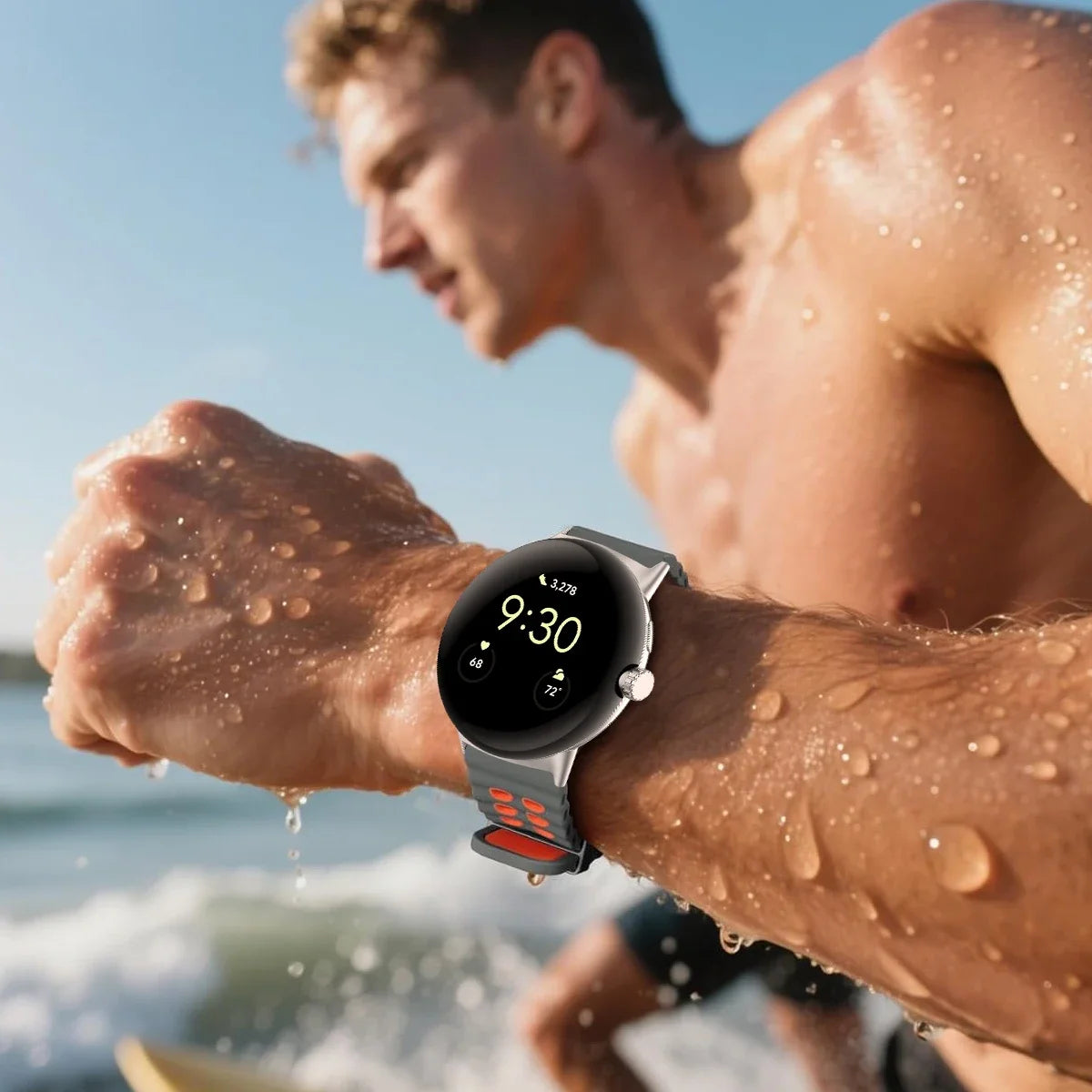 Perforated Pixel Watch band worn during outdoor activity