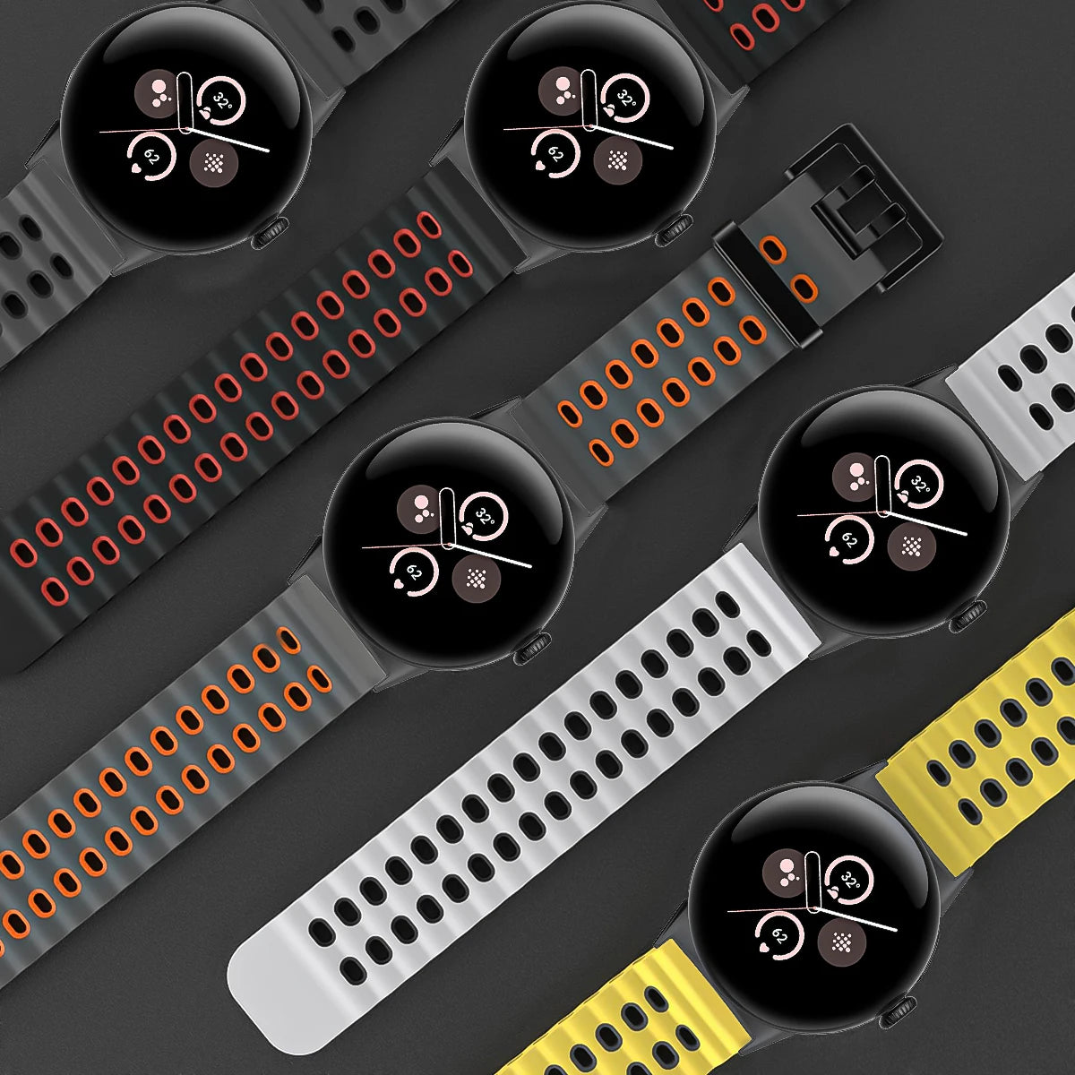 Several perforated sport bands mounted on Pixel Watches