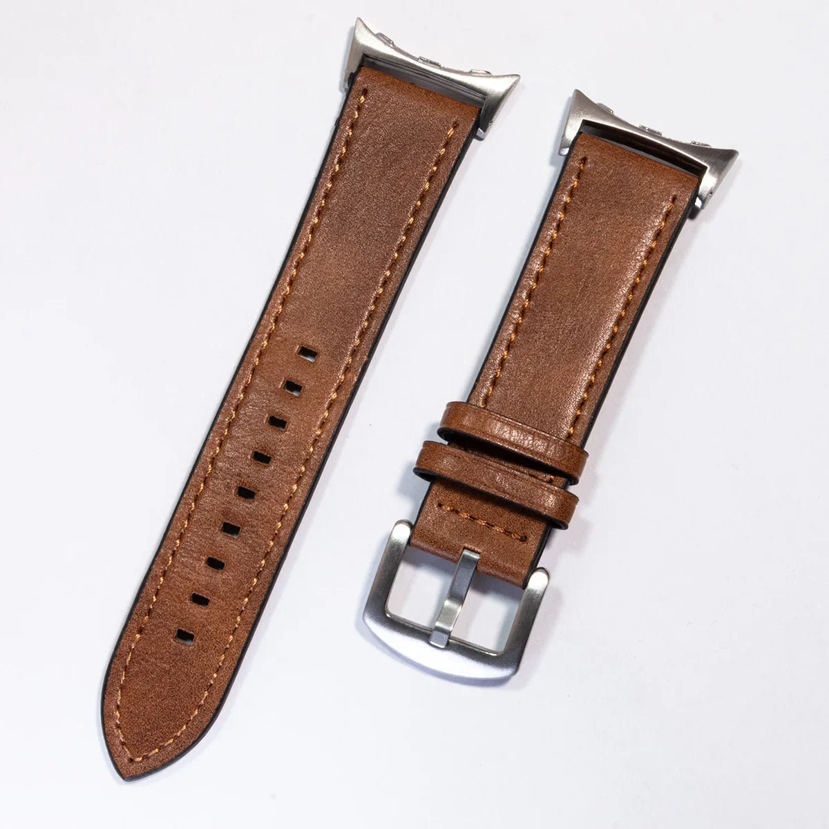 Stitched Leather Google Pixel Watch Band - Metal Buckle in Tan - Silver