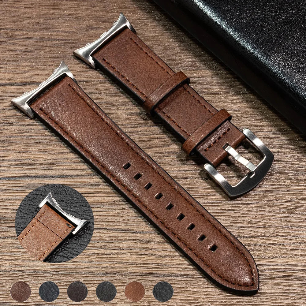 Brown stitched leather Pixel Watch strap with color swatches