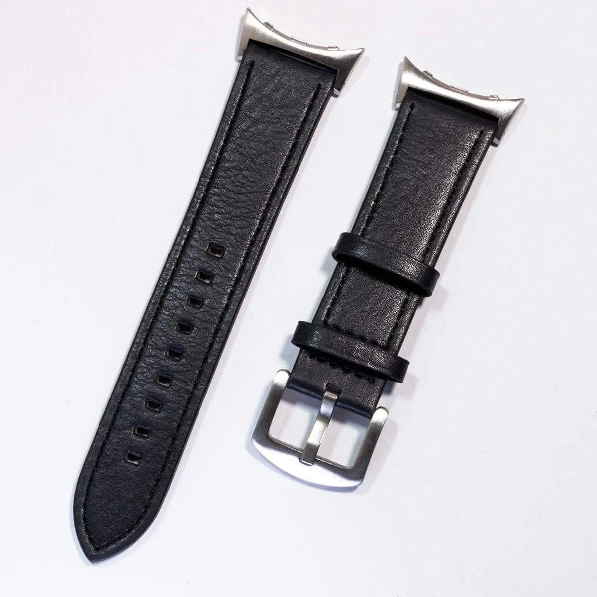 Stitched Leather Google Pixel Watch Band - Metal Buckle in Midnight Blue - Silver