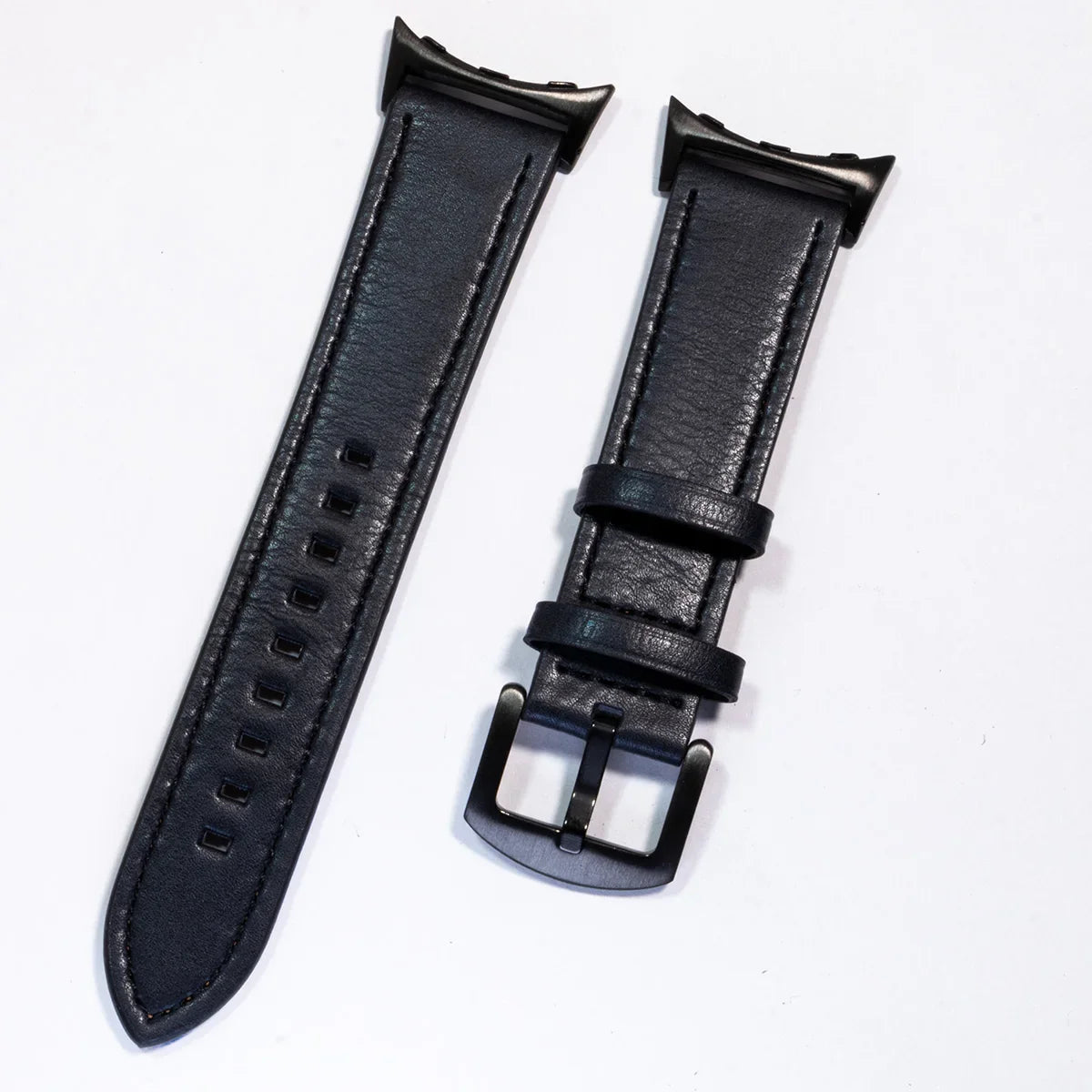 Stitched Leather Google Pixel Watch Band - Metal Buckle in Midnight Blue - Black