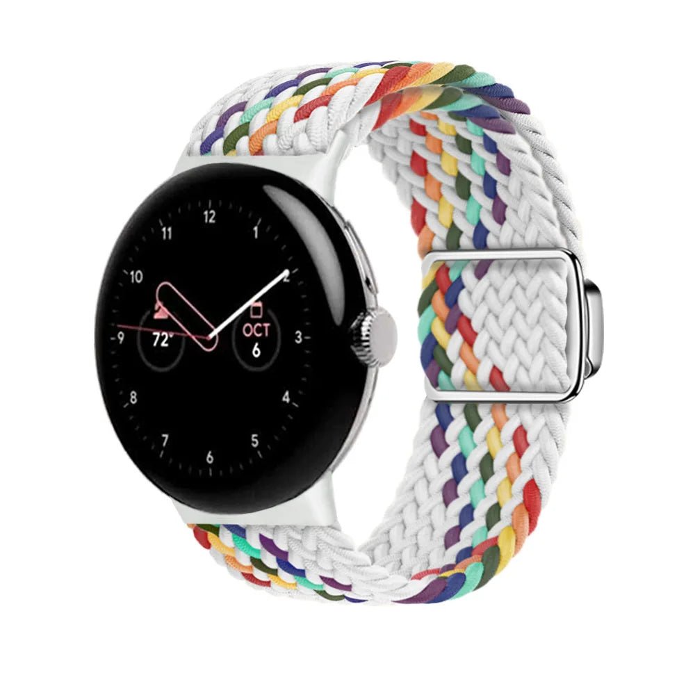Magnetic Clasp Braided Nylon Google Pixel Watch Band in White / Rainbow Stripe