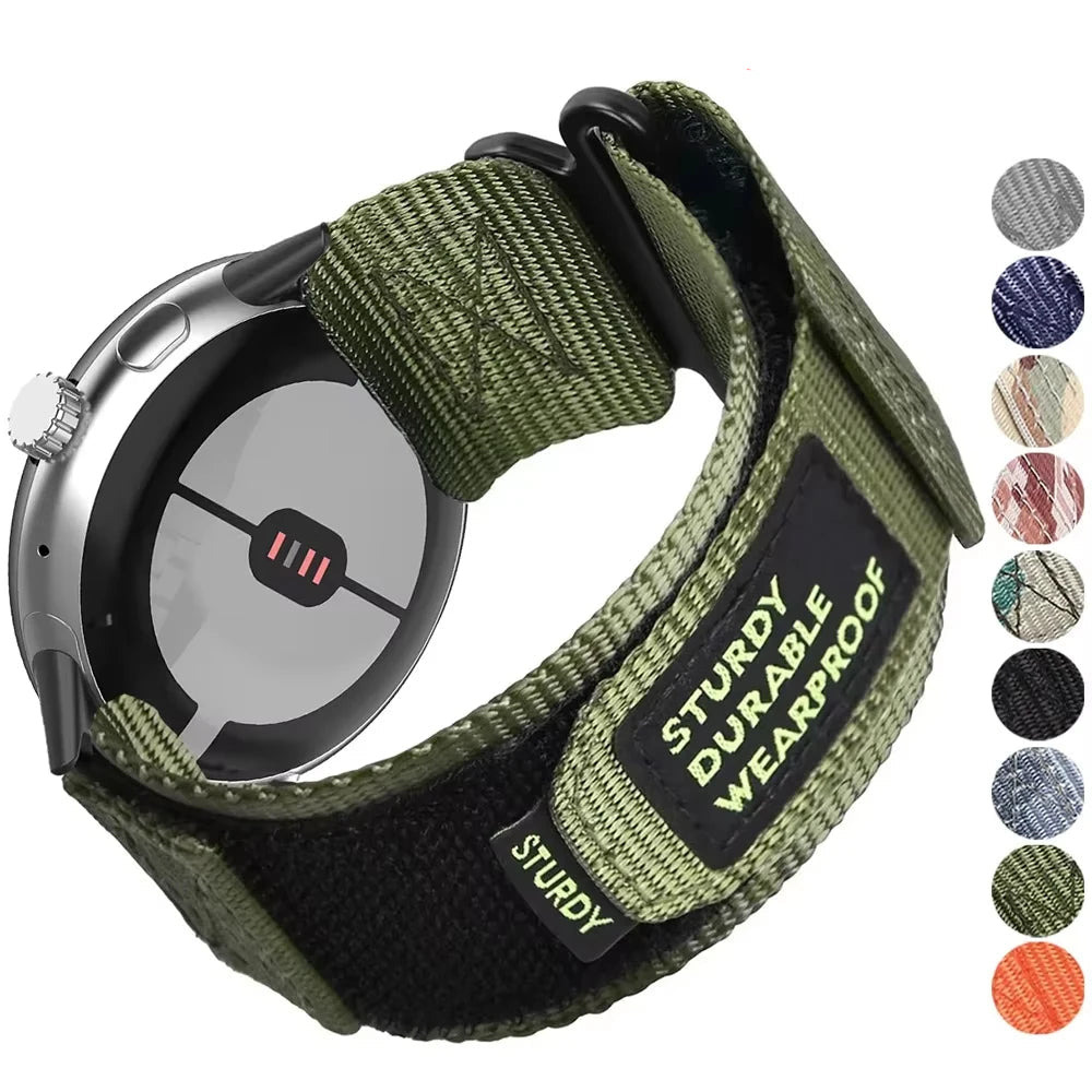Army green utility nylon Pixel Watch band with pattern swatches
