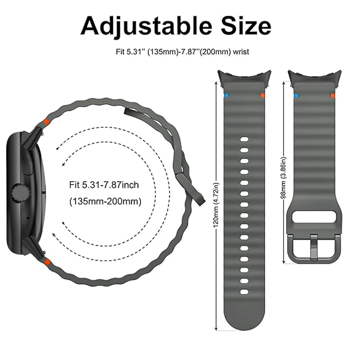 Ridged silicone strap length and wrist-size diagram