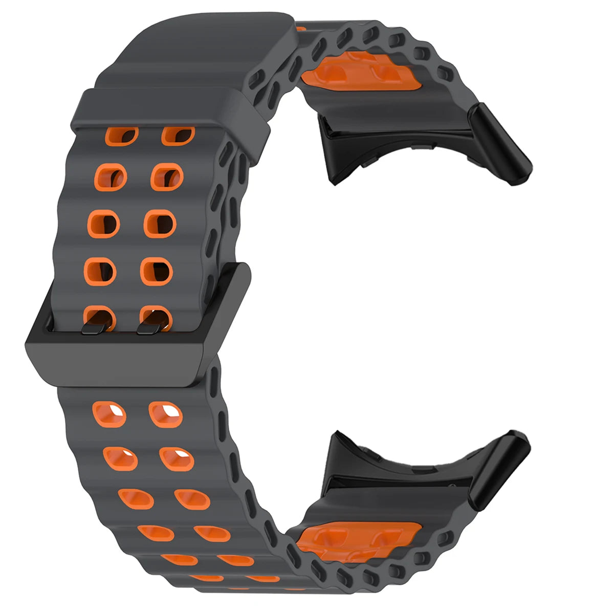 Double-Row Perforated Silicone Pixel Watch 45mm Band in Charcoal / Orange - Black