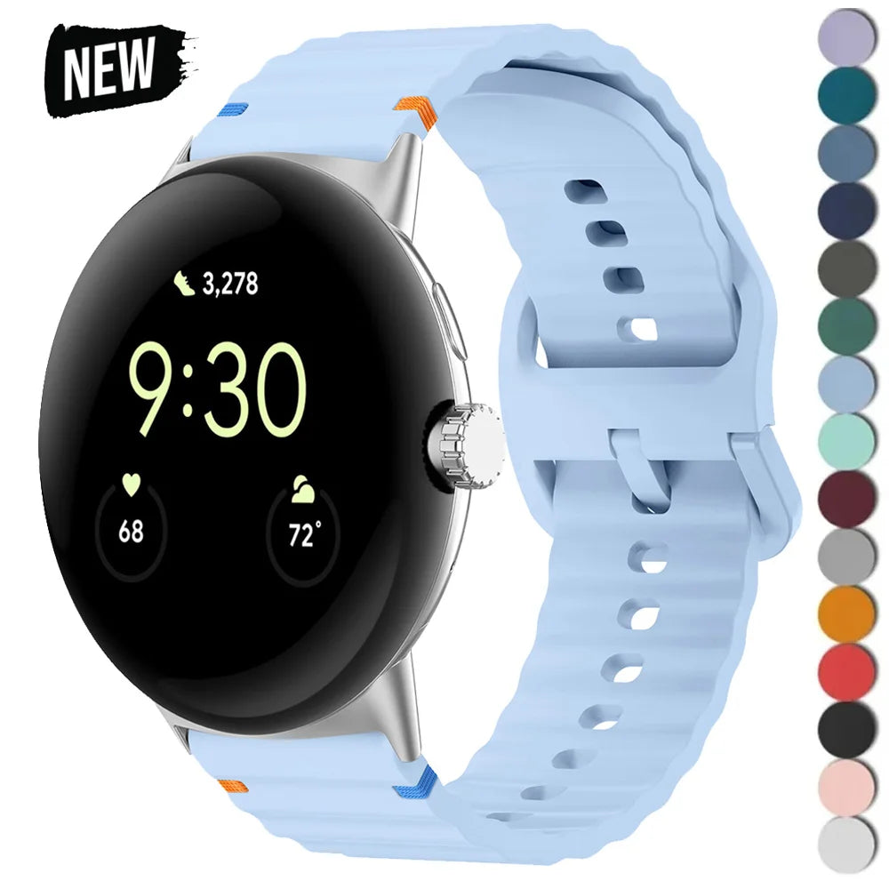 Pale blue ridged silicone Pixel Watch band with color swatches