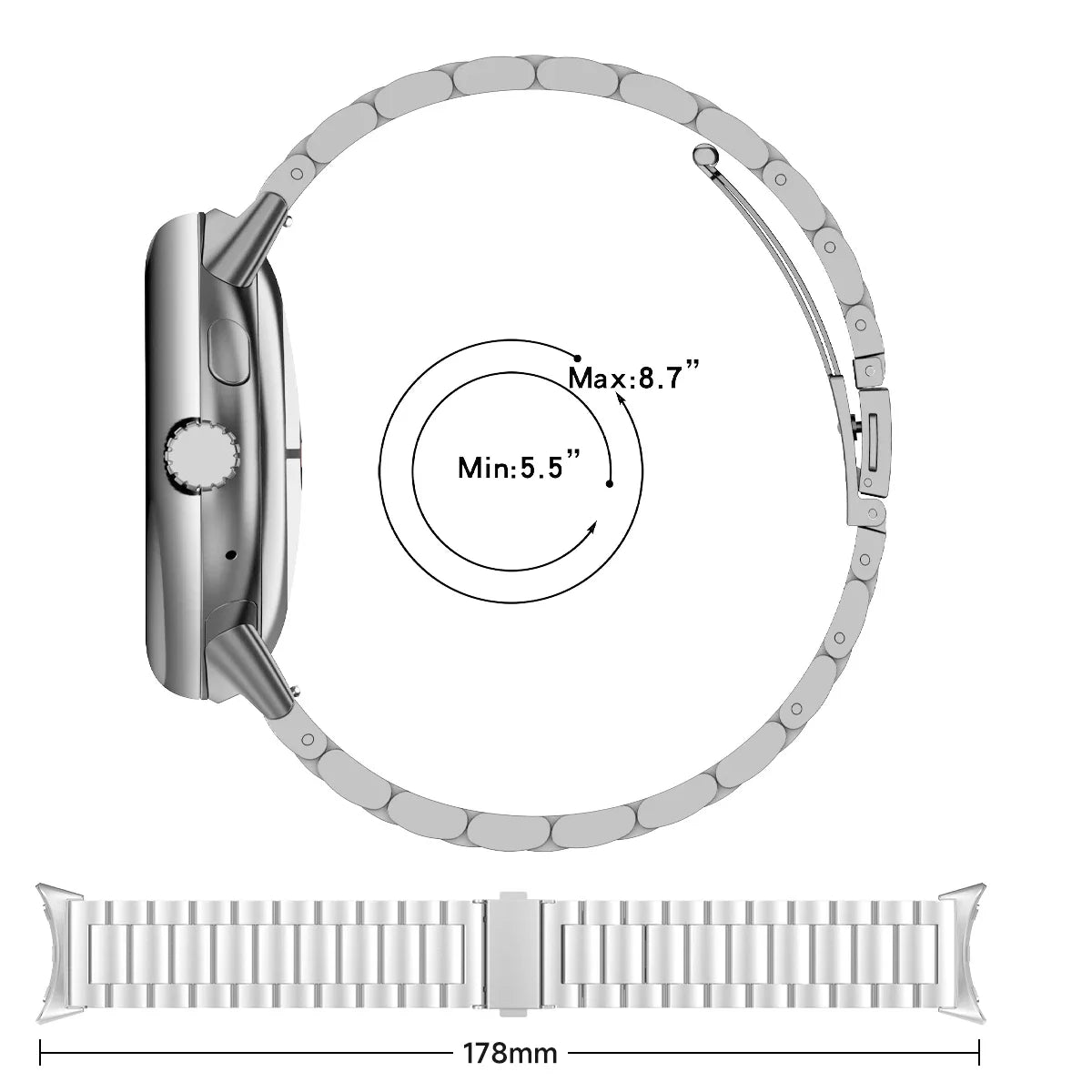 Steel bracelet strap length and wrist-size diagram