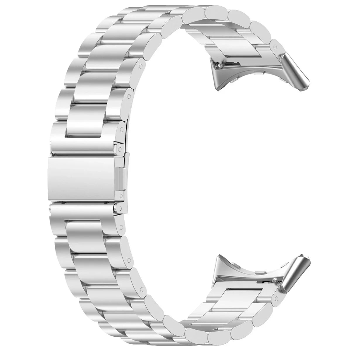 Silver steel link strap with folding clasp