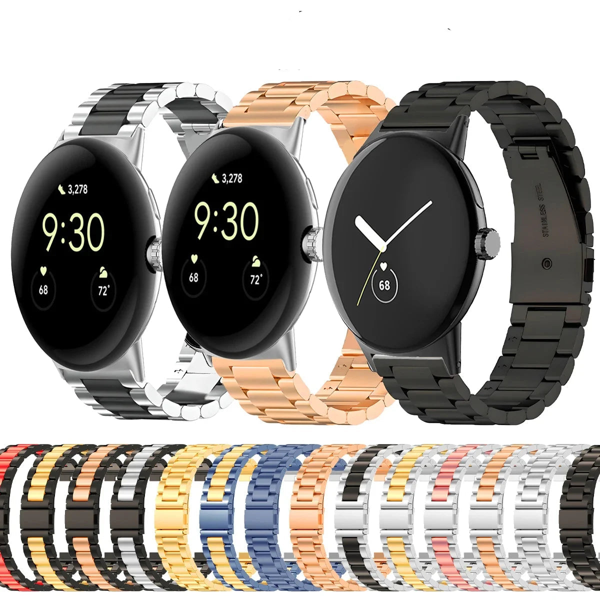 Steel link Pixel Watch bracelets with multiple finish previews