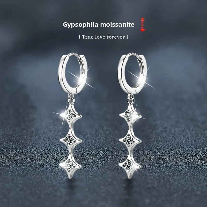 Moissanite Leaf, Star & Bezel Drop Earrings in Sterling Silver — Star hoop earrings