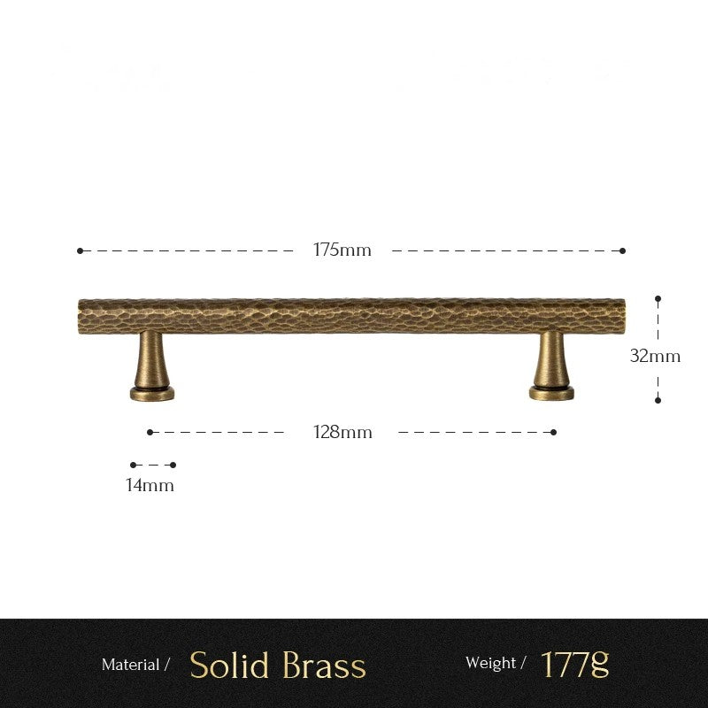 Hand-Hammered solid brass cabinet pull size diagram, 128mm hole spacing