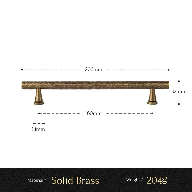 Hand-Hammered solid brass cabinet pull size diagram, 160mm hole spacing