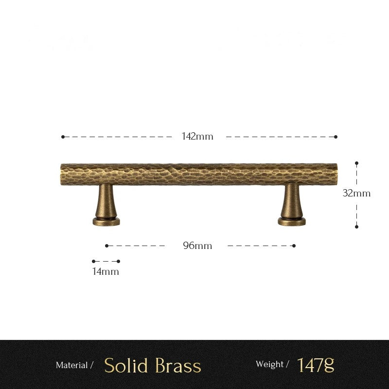 Hand-Hammered solid brass cabinet pull size diagram, 96mm hole spacing