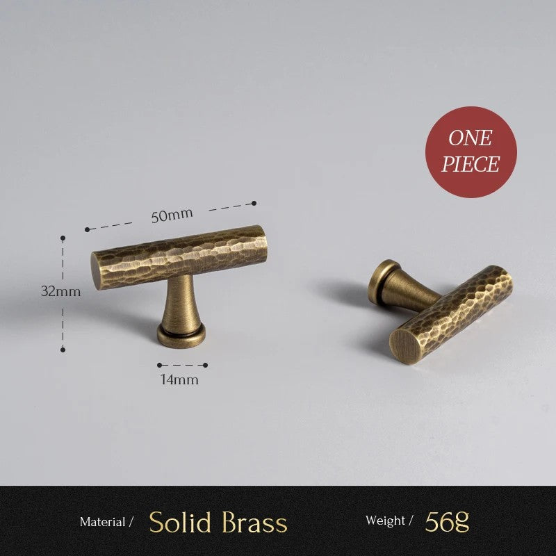 Hand-Hammered solid brass T-bar cabinet knob size diagram, 50mm long