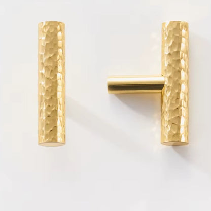 Hand-hammered solid brass T-bar knob and cabinet pulls in polished brass