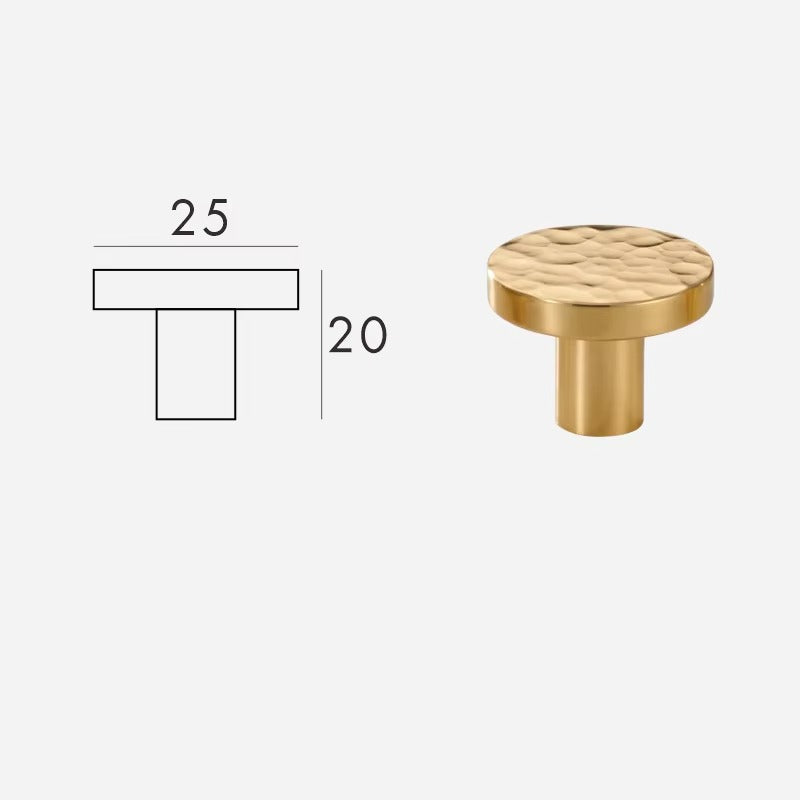 Hand-Hammered solid brass round cabinet knob size diagram, 25mm wide