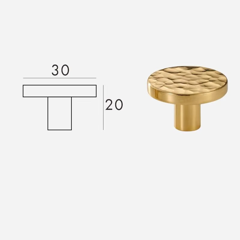 Hand-Hammered solid brass round cabinet knob size diagram, 30mm wide