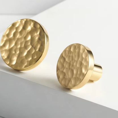 Hand-hammered solid brass disc cabinet knob in polished brass
