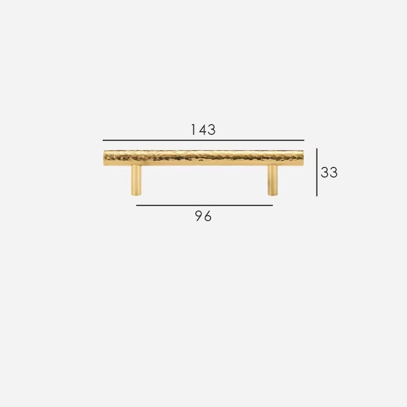 Hand-Hammered solid brass cabinet pull size diagram, 96mm hole spacing