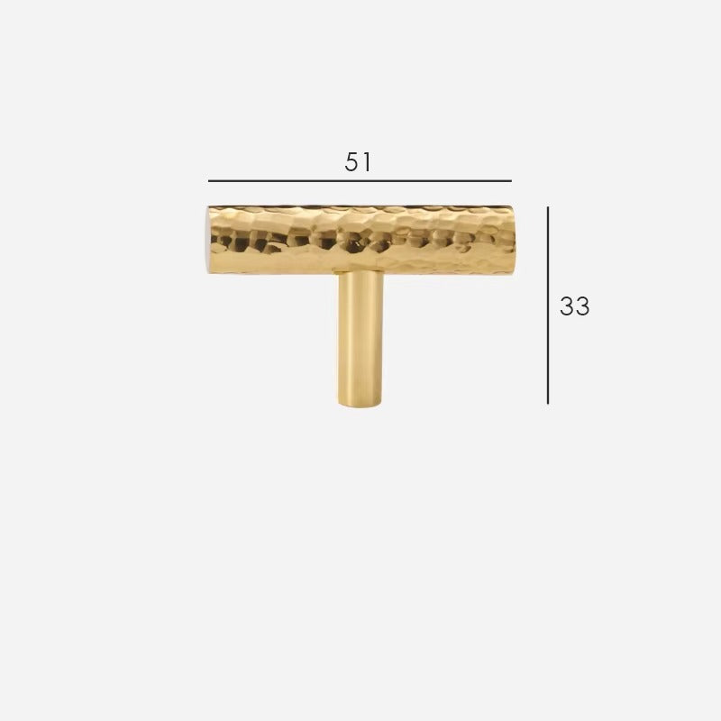 Hand-Hammered solid brass T-bar cabinet knob size diagram, 51mm long