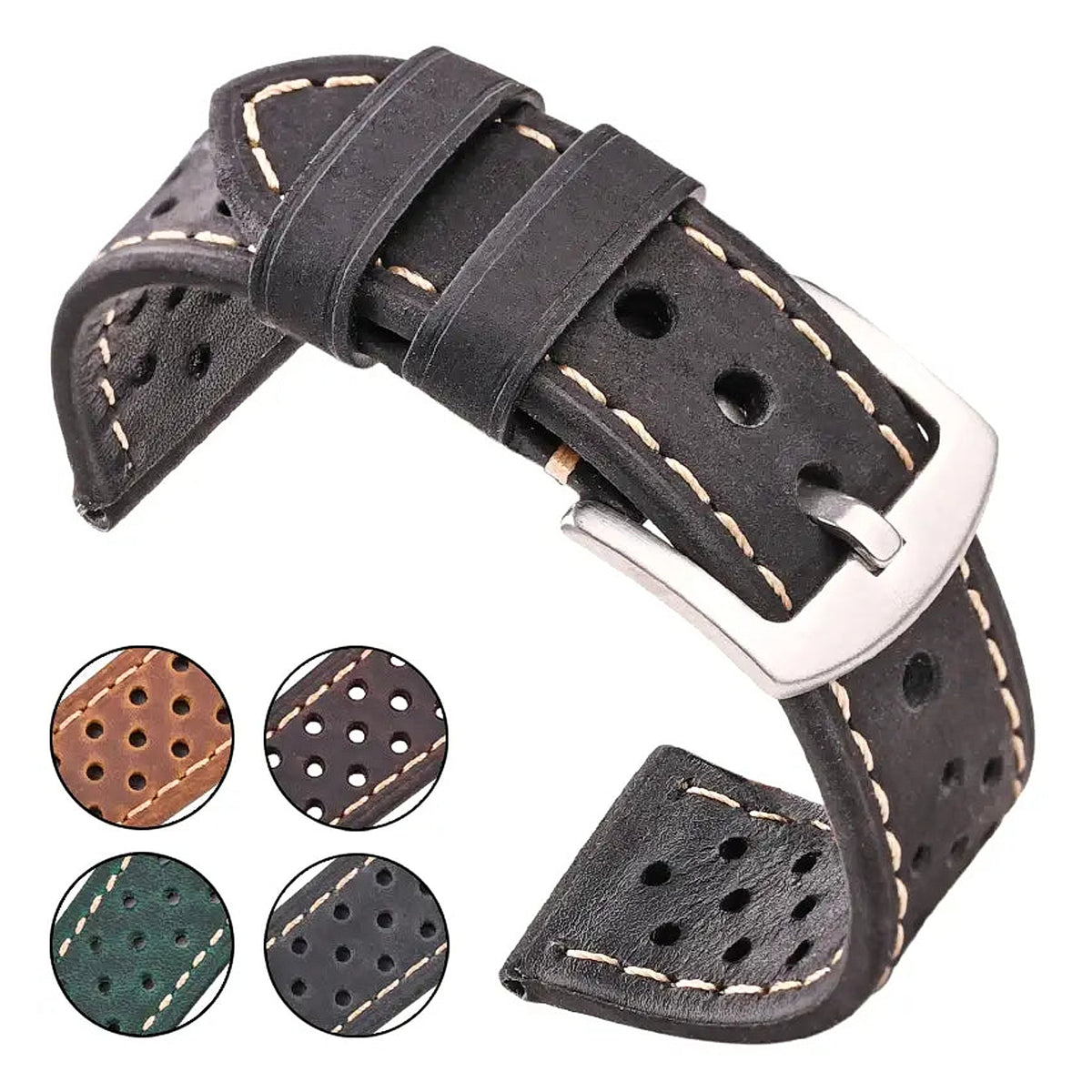 Black perforated leather band with color preview circles for compatible Huawei watches
