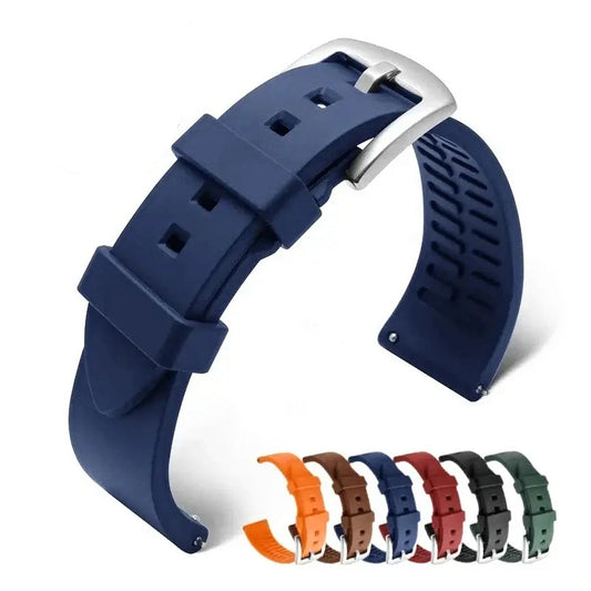 Navy smooth silicone band with textured underside and six color previews for compatible Huawei watches