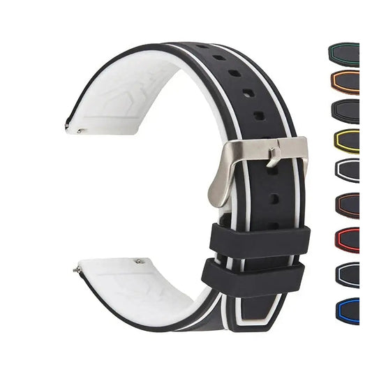 Black and white silicone band with color previews for compatible Huawei watches