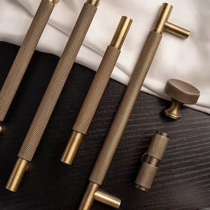 Knurled solid brass cabinet pulls and knobs in antique brass